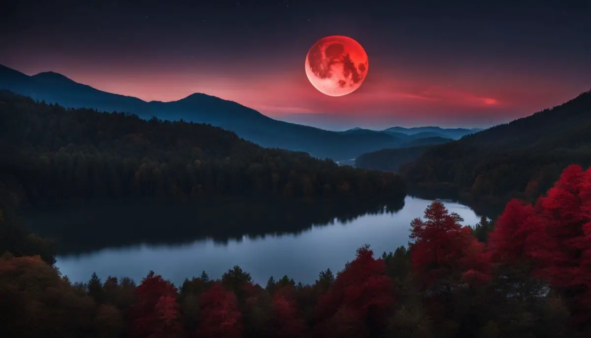 A red moon shines over a tranquil forest in a stunning landscape.