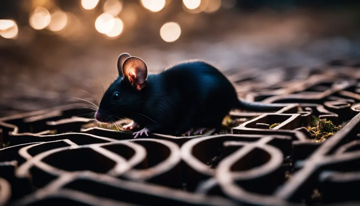 A black mouse navigating a maze in a wildlife photography scene.
