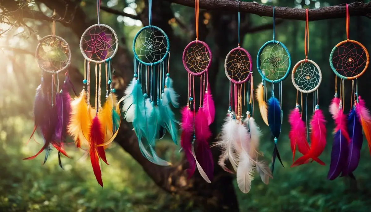 A collection of colorful dream catchers hanging from a tree in a peaceful forest.