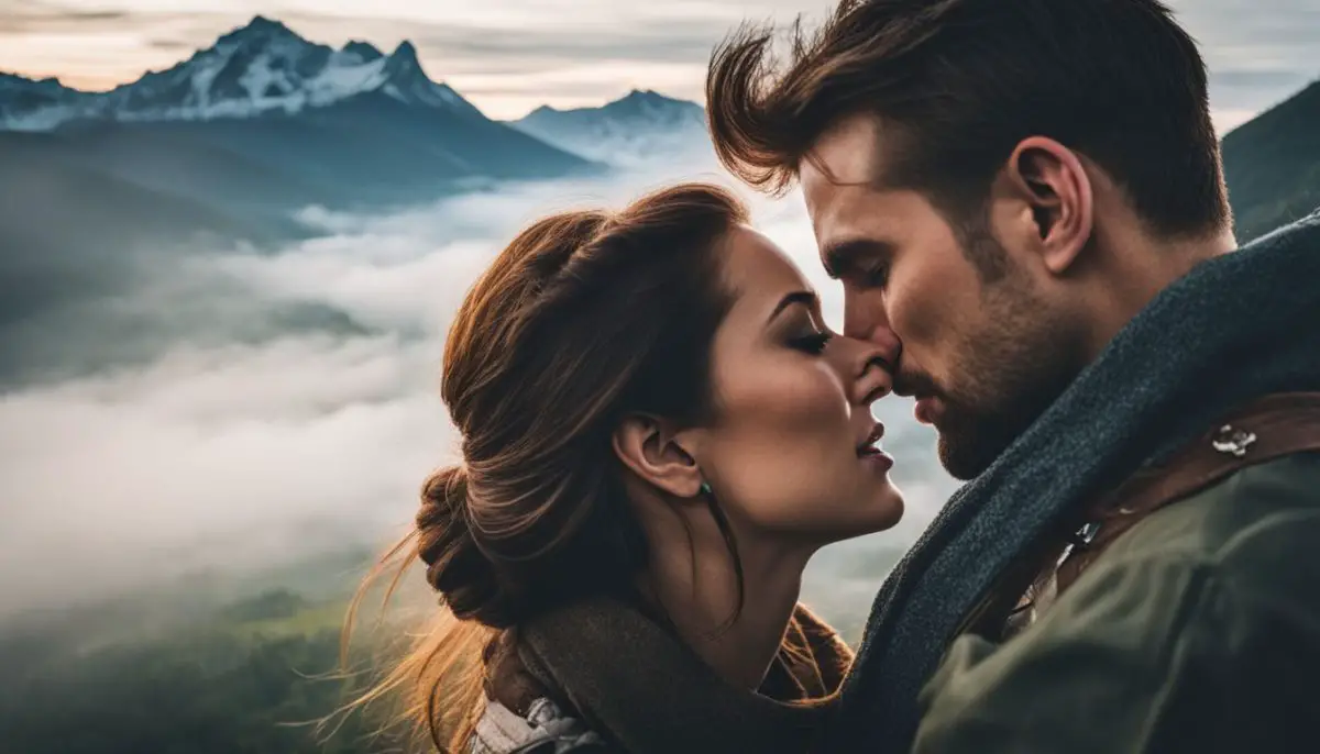 A man kisses a woman's forehead on misty mountaintop.