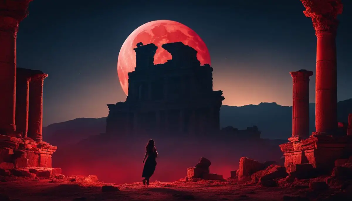A figure stands against a red moon in ancient ruins.