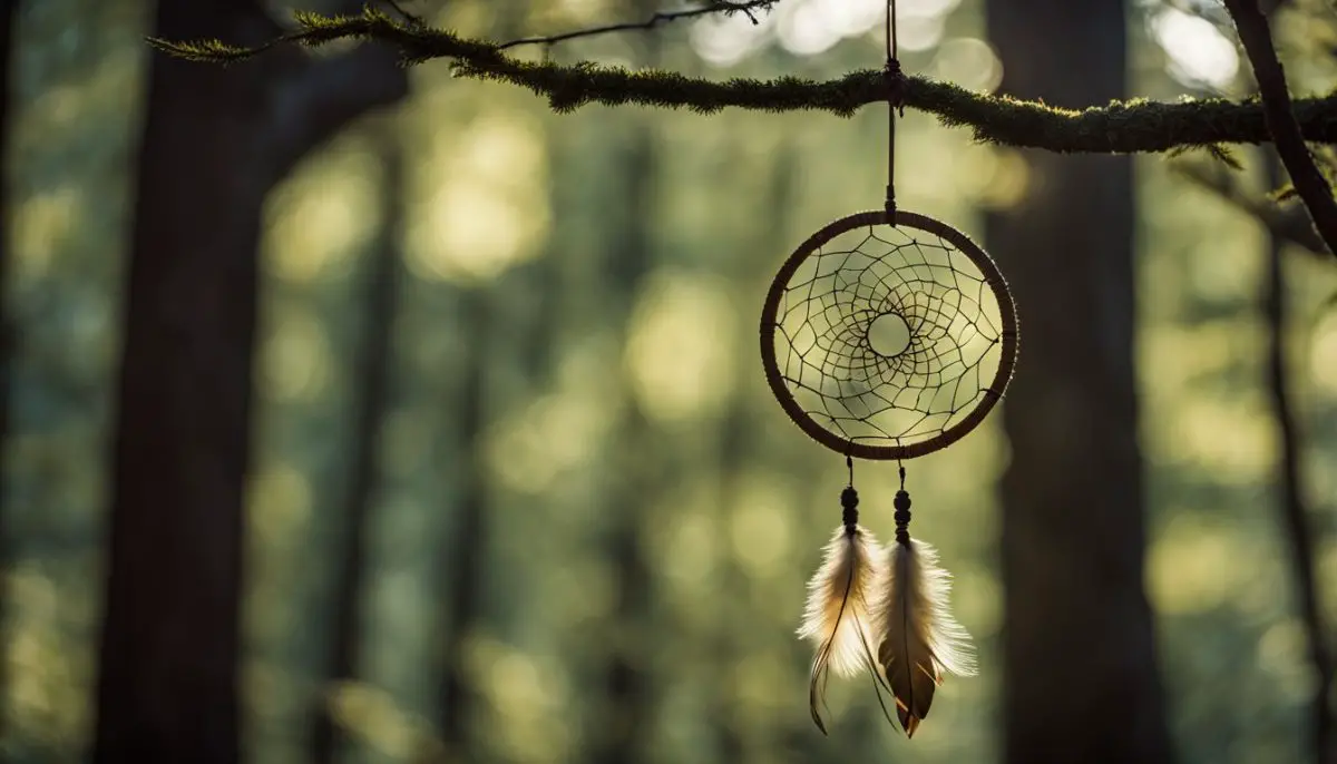 A dream catcher hanging from a tree in a forest.
