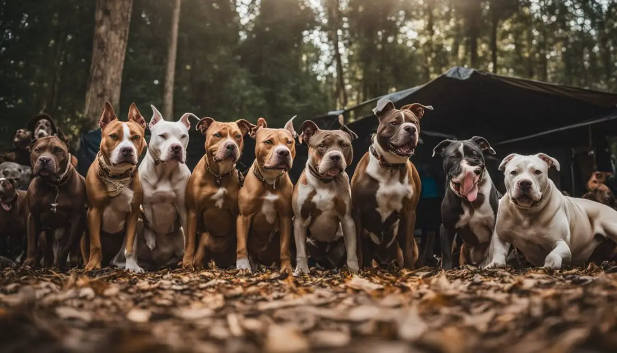 A pack of pitbulls surrounded by diverse cultural symbols and people.