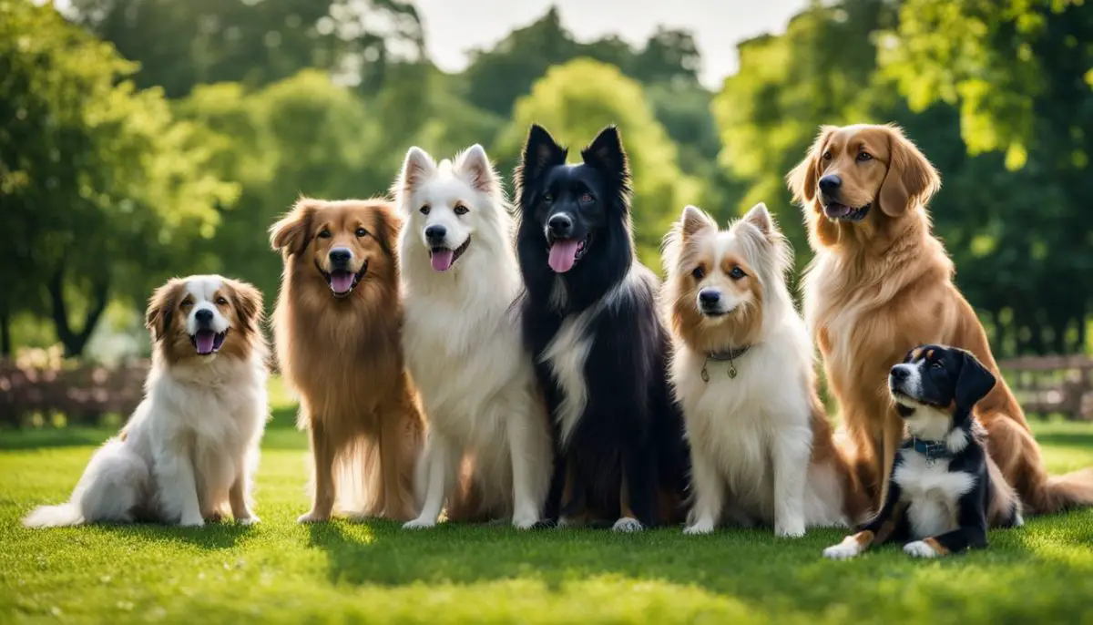 A variety of dog breeds playing in a vibrant park setting.