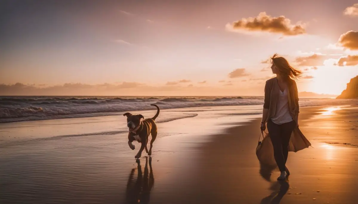 A person walking a pitbull on a sunset beach with a bustling atmosphere.