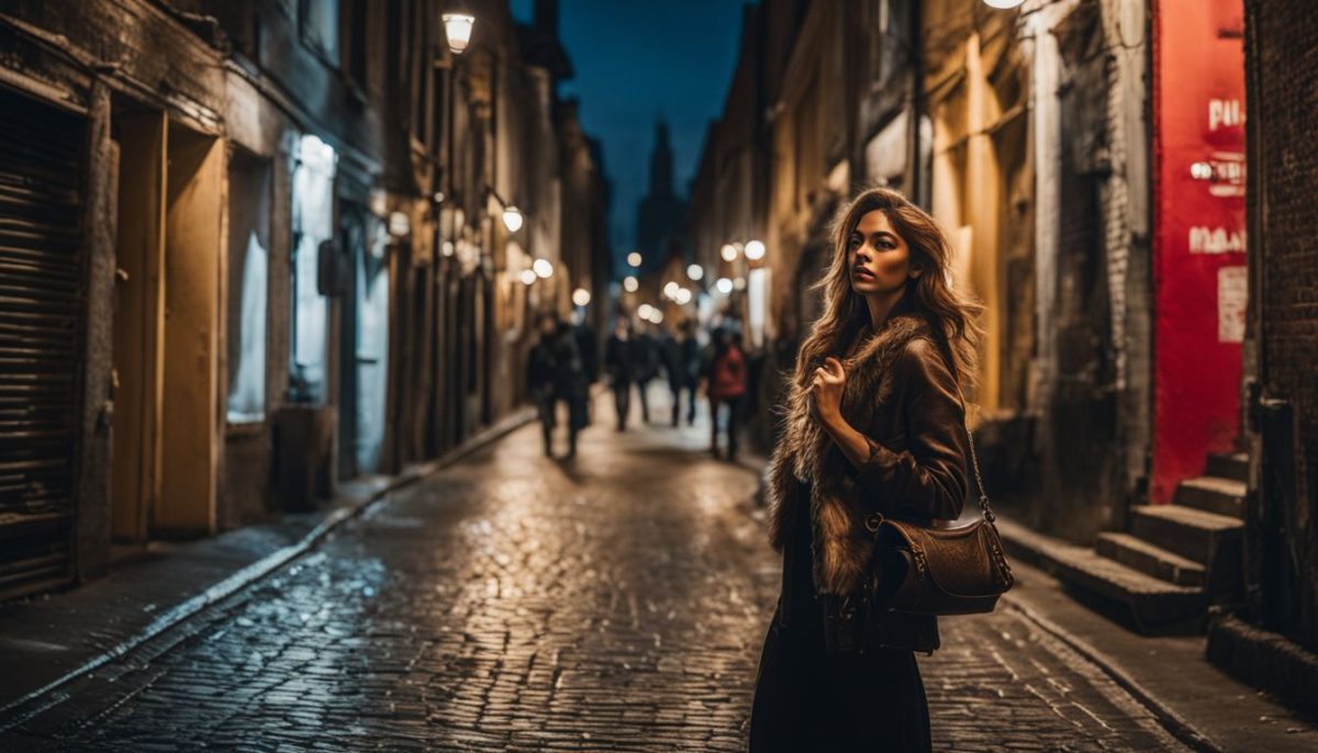 A woman holds her purse tightly in a bustling city alleyway.