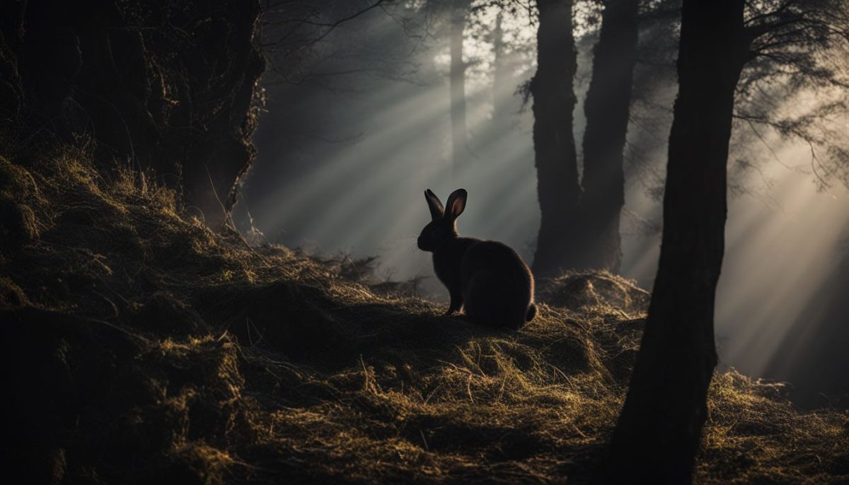 A mysterious figure with a black rabbit in cinematic wildlife photography.