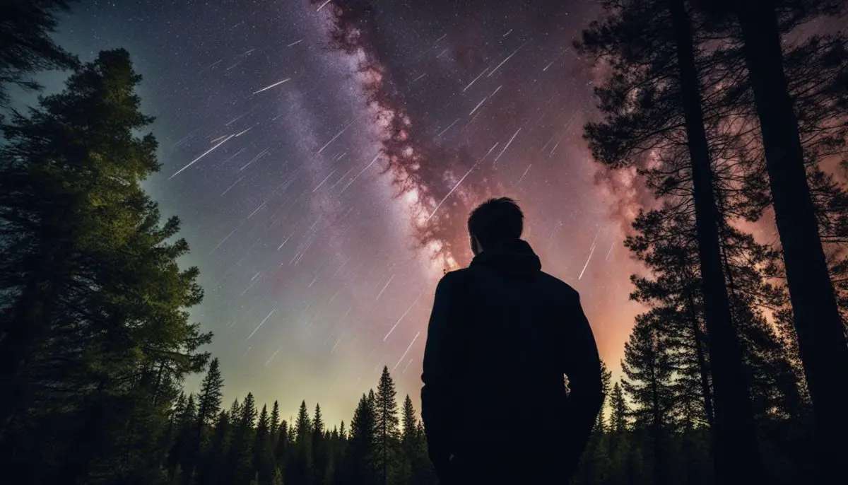 A person admiring a meteor shower in a mystical forest.