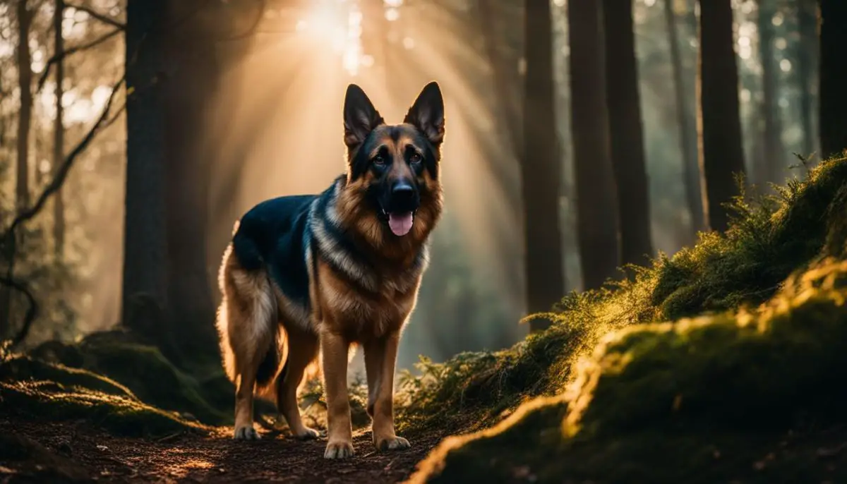A majestic German Shepherd in a mystical forest captured in vivid detail.