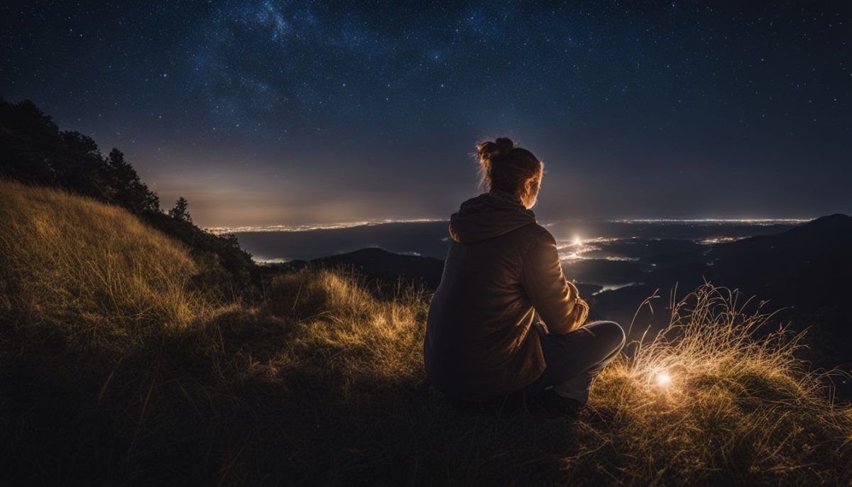 A person kneels in prayer under a starry night sky.
