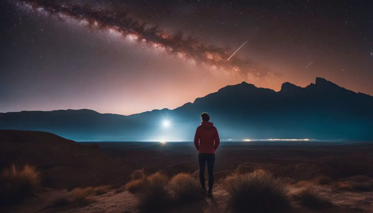 A person watching a meteor shower in a peaceful desert landscape.
