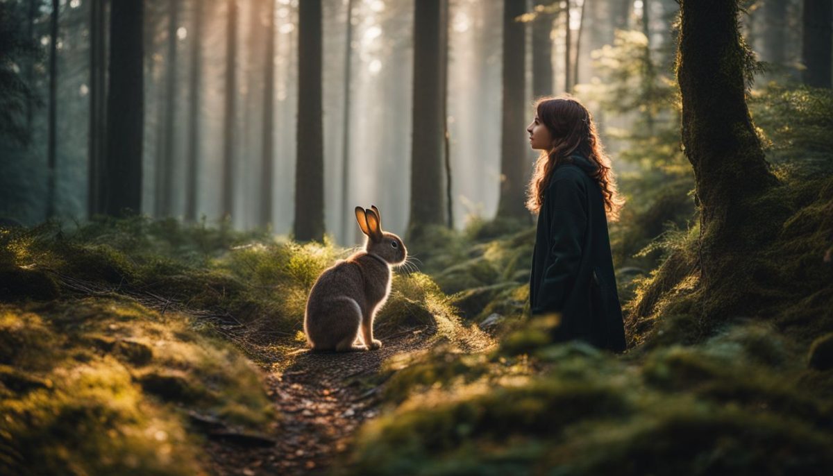 A person standing in a forest with a rabbit.