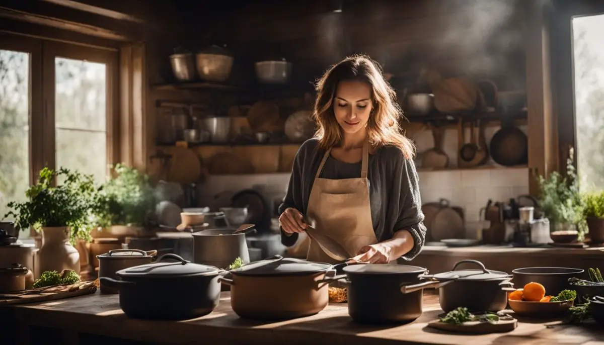 A woman cooking in a warmly lit kitchen surrounded by pots and pans.